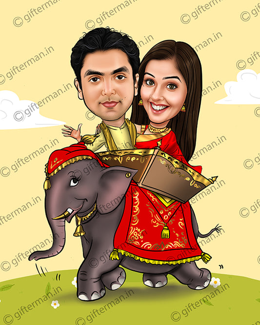 Wedding Couple on Elephant - Personalized Caricature Frame for Couple - Wedding Anniversary Valentines Day Gift