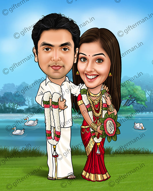 Kerala Wedding Couple - Personalized Caricature Frame for Couple - Wedding Gift