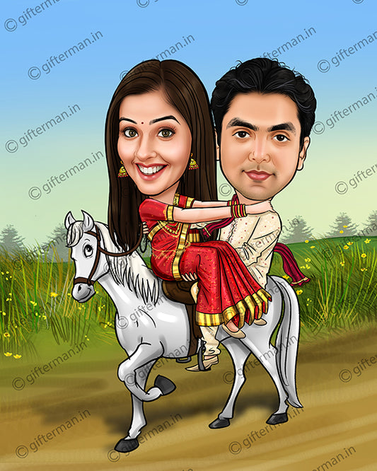 Wedding Couple on Horse - Personalized Caricature Frame for Couple - Wedding Anniversary Valentines Day Gift