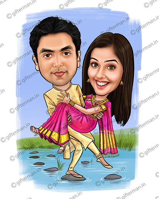Wedding Couple Crossing River - Personalized Caricature Frame for Couple -Anniversary Valentines Day Gift