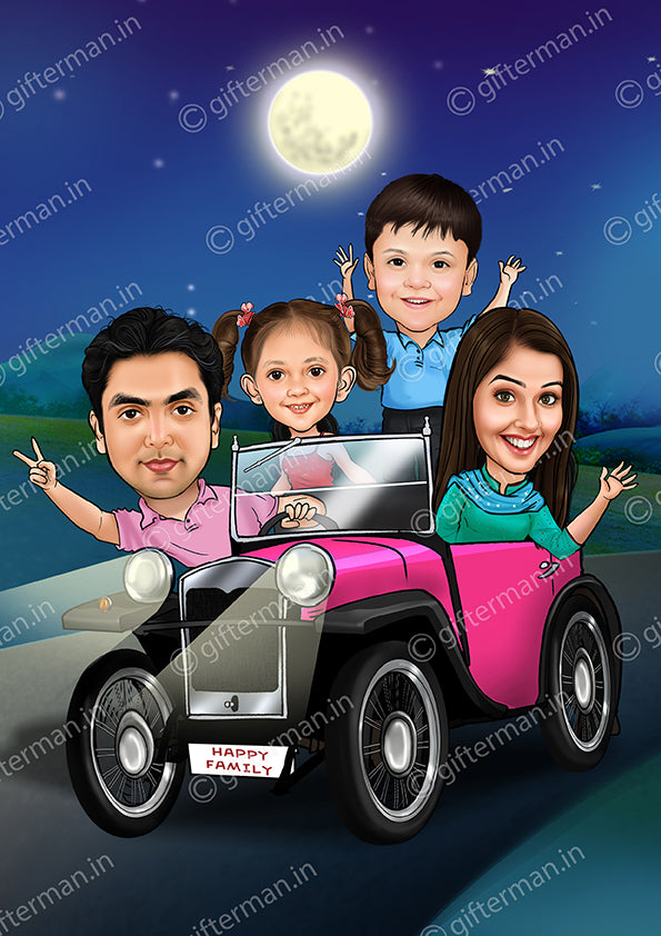 Family in Car - Personalized Caricature Frame Birthday Family Gift