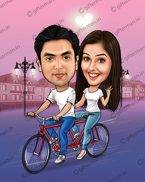 Cycling Couple - Personalized Caricature Frame for Couple - Wedding Anniversary Valentines Day Gift - CA511