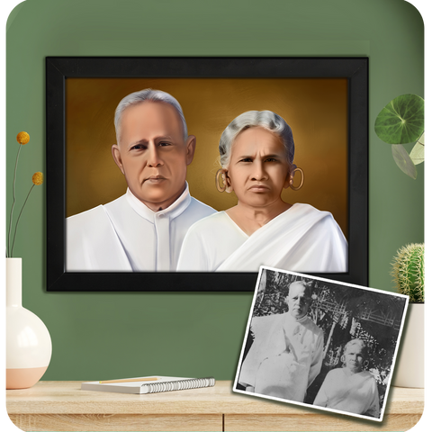 Old black and white photo to Digital Painting for Family Portrait, photo restoration with Frame